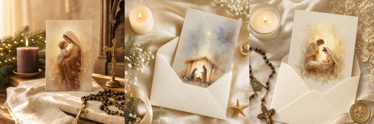 Three Catholic Christmas prayer cards: Madonna of the Dawn on an Advent altar, Nativity Light and Holy Family in cream envelopes