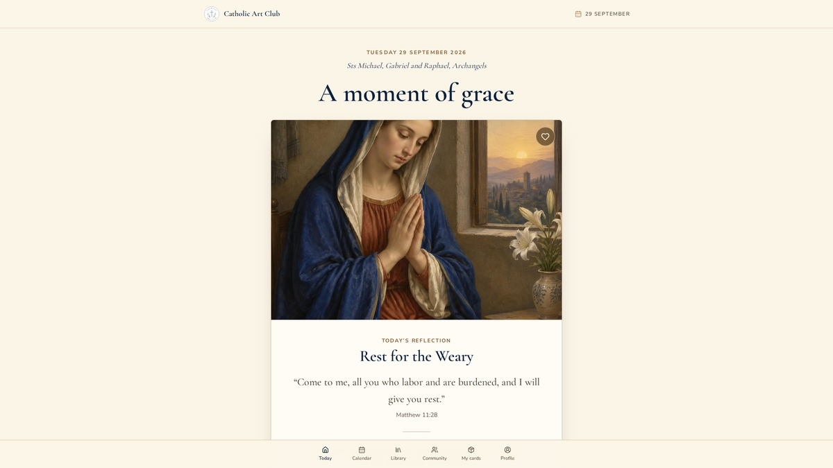 Today's prayer screen in the Catholic Art Club members app