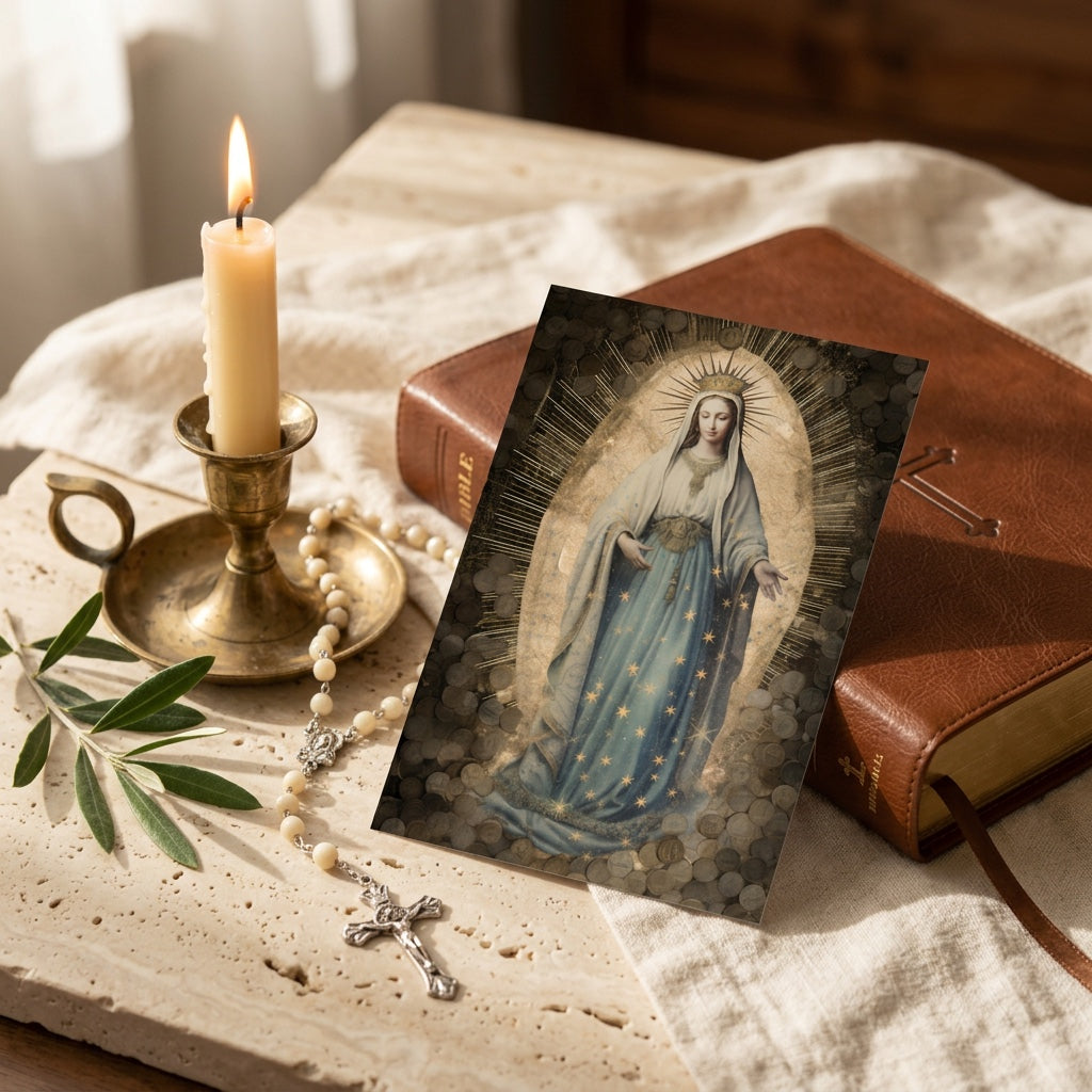 Catholic prayer card with rosary, candle and Bible for everyday Catholic prayers