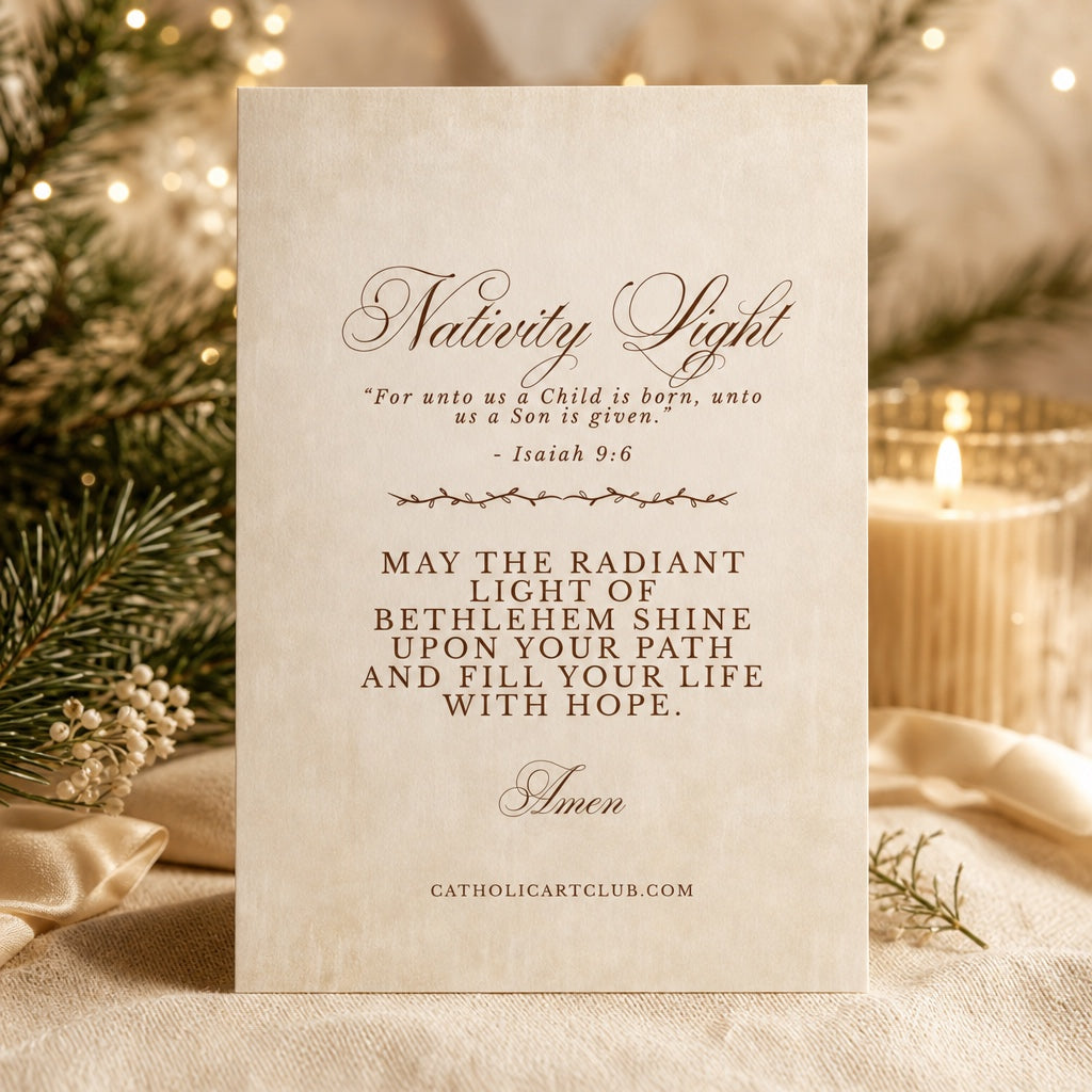 Back of a Nativity Christmas prayer card with Isaiah 9:6, For unto us a child is born