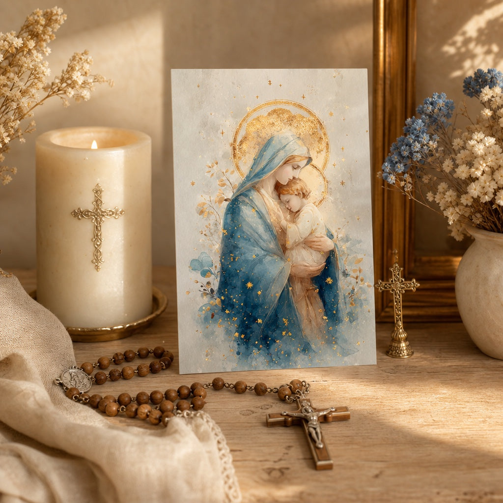 Queen of Heaven Marian prayer card on a home altar with candle and rosary