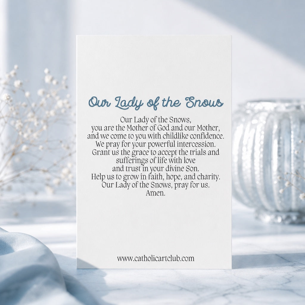 Back of Our Lady of the Snows prayer card showing the full prayer to Our Lady of the Snows