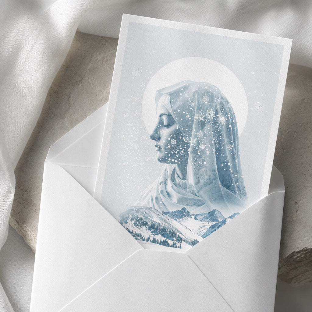 Our Lady of the Snows card in a white envelope, ready to send as a Christmas card