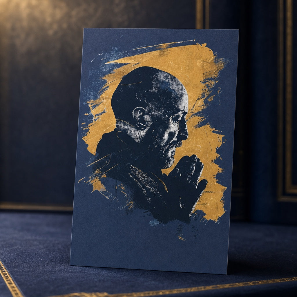 Saint Ignatius of Loyola prayer card, navy and gold modern Catholic holy card