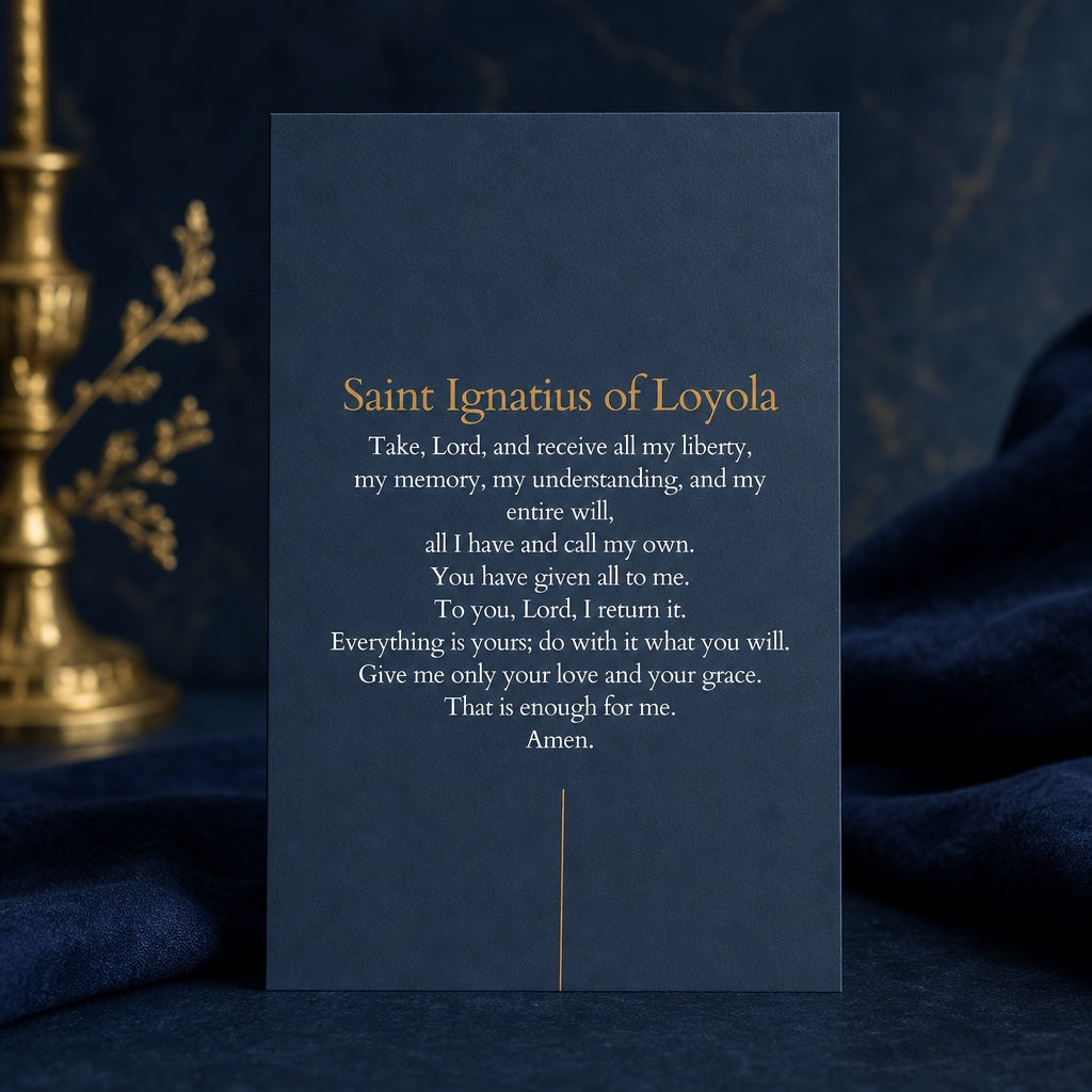 Saint Ignatius of Loyola prayer card back, Suscipe prayer printed in gold