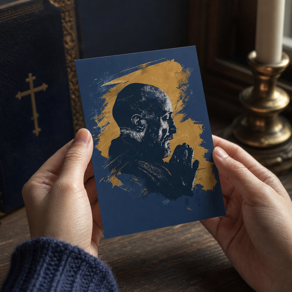 Woman holding Saint Ignatius of Loyola prayer card, pocket-size holy card