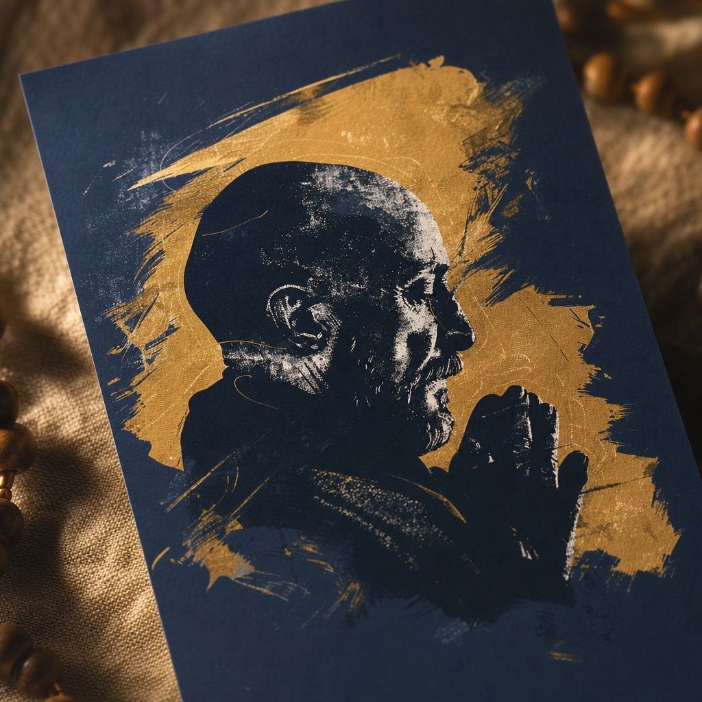 Close-up detail of Saint Ignatius of Loyola portrait, navy and gold brushstroke art