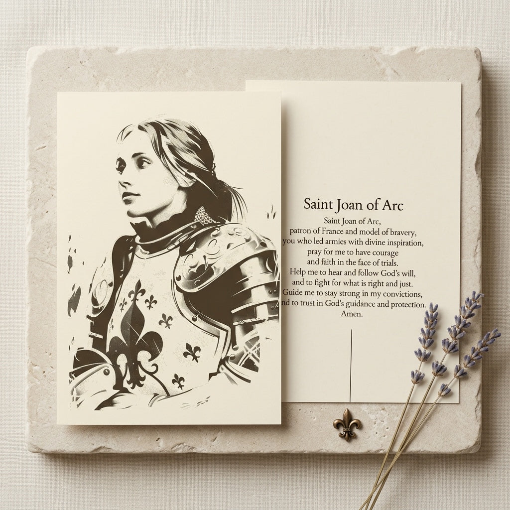 Saint Joan of Arc prayer card front and back showing prayer for courage and faith
