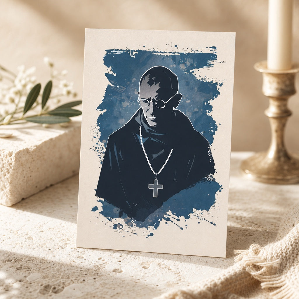 Saint Maximilian Kolbe prayer card with blue ink portrait, standing on stone beside a brass candlestick