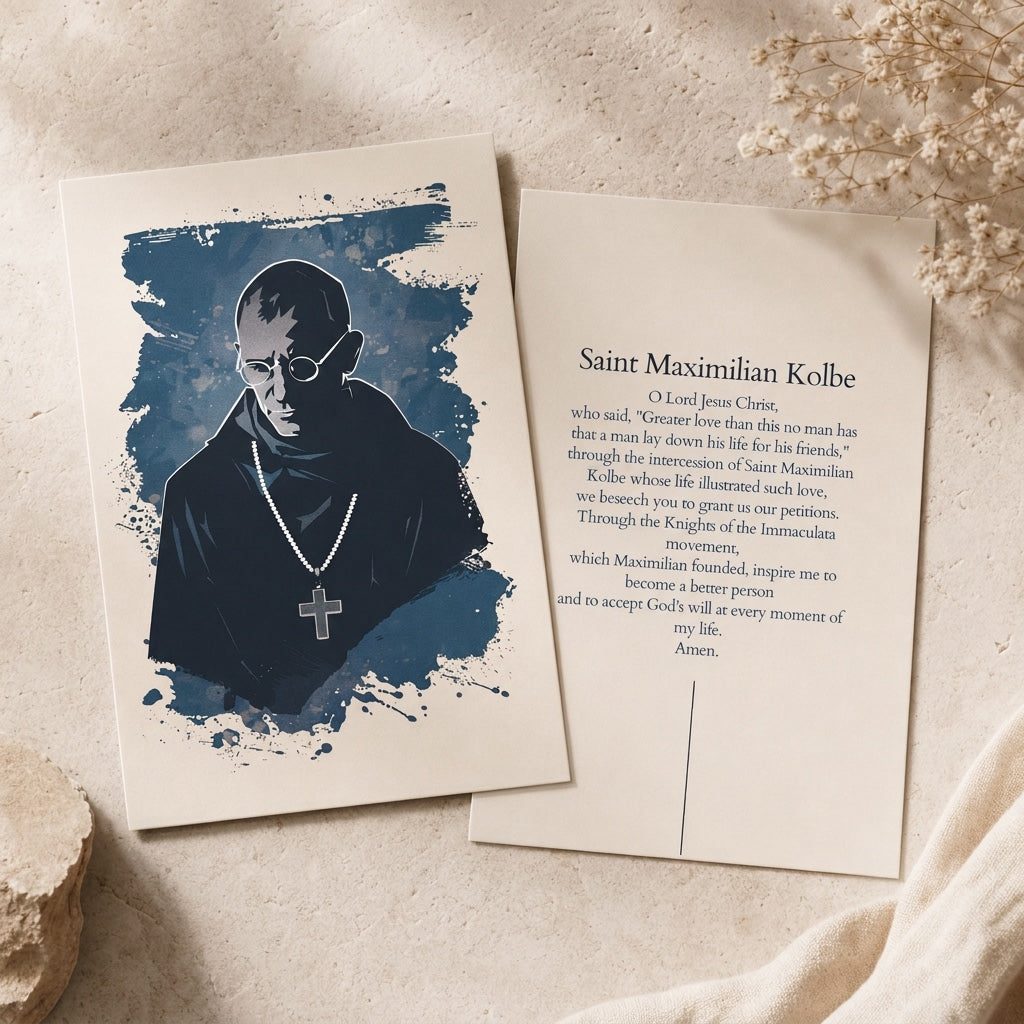Front and back of Saint Maximilian Kolbe prayer card with intercession prayer, on beige stone