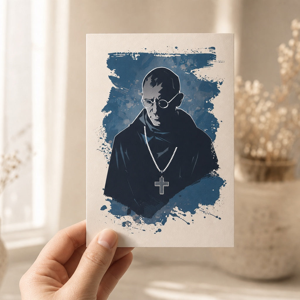 Hand holding a 4x6 Saint Maximilian Kolbe prayer card with modern blue watercolor portrait