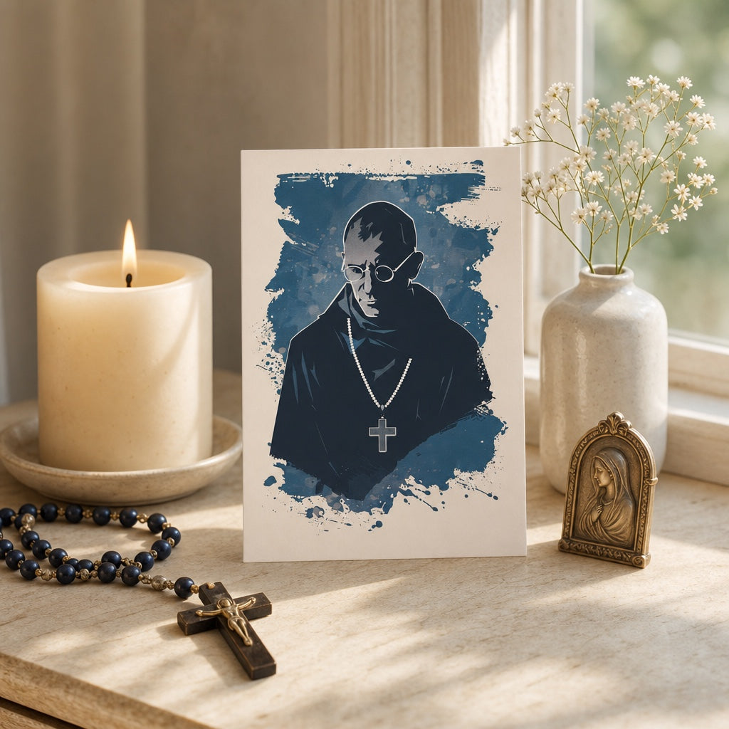 Saint Maximilian Kolbe prayer card on a home altar with candle, rosary and Marian plaque