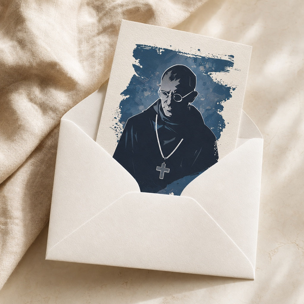 Saint Maximilian Kolbe card in a cream envelope, ready to send as a gift