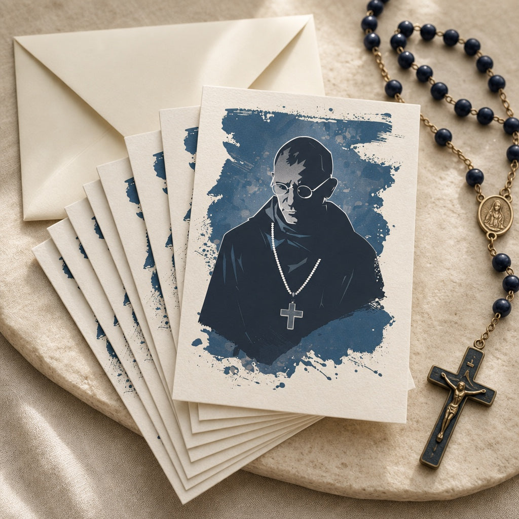 Saint Maximilian Kolbe prayer cards fanned out with an envelope and a dark blue rosary