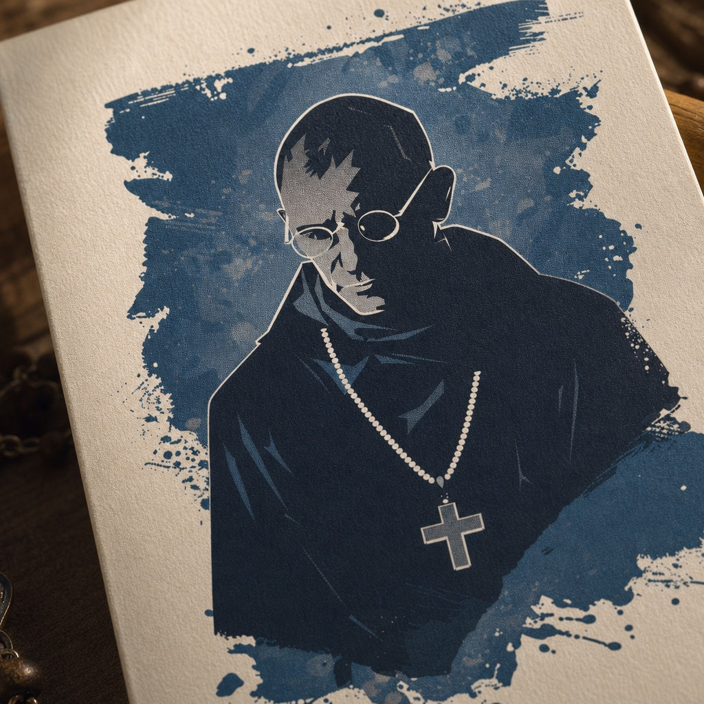 Close-up of Saint Maximilian Kolbe in Franciscan habit with round glasses and cross, blue ink splash art