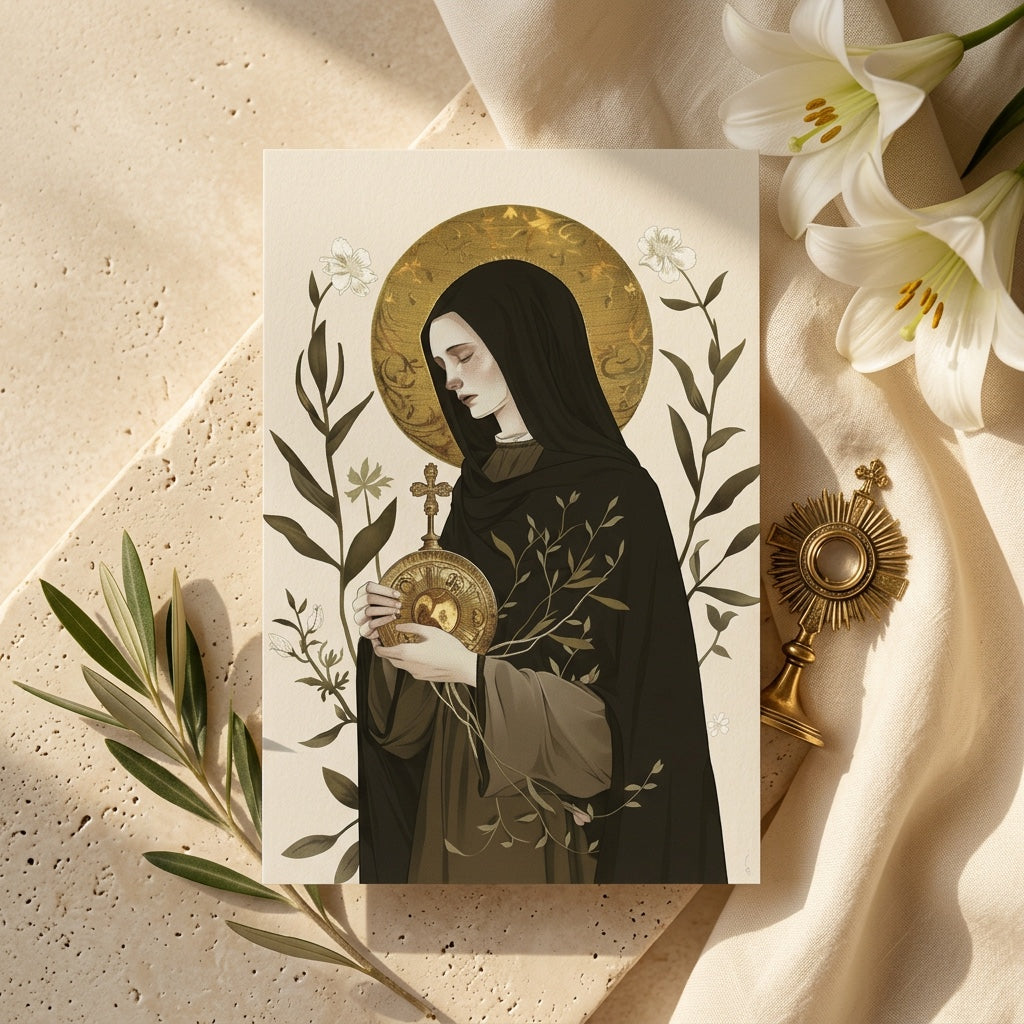 Saint Clare of Assisi prayer card holding monstrance with lilies and olive branch