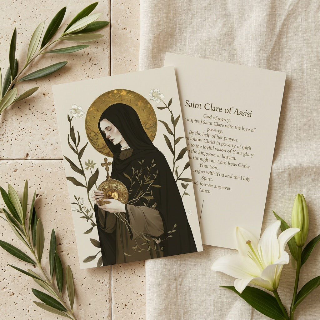 Saint Clare of Assisi prayer card front and back with prayer of poverty