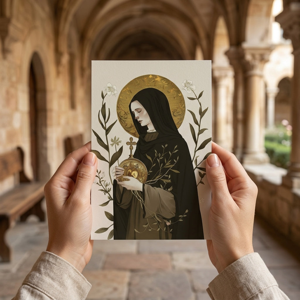 Hands holding Saint Clare of Assisi prayer card inside a cloister