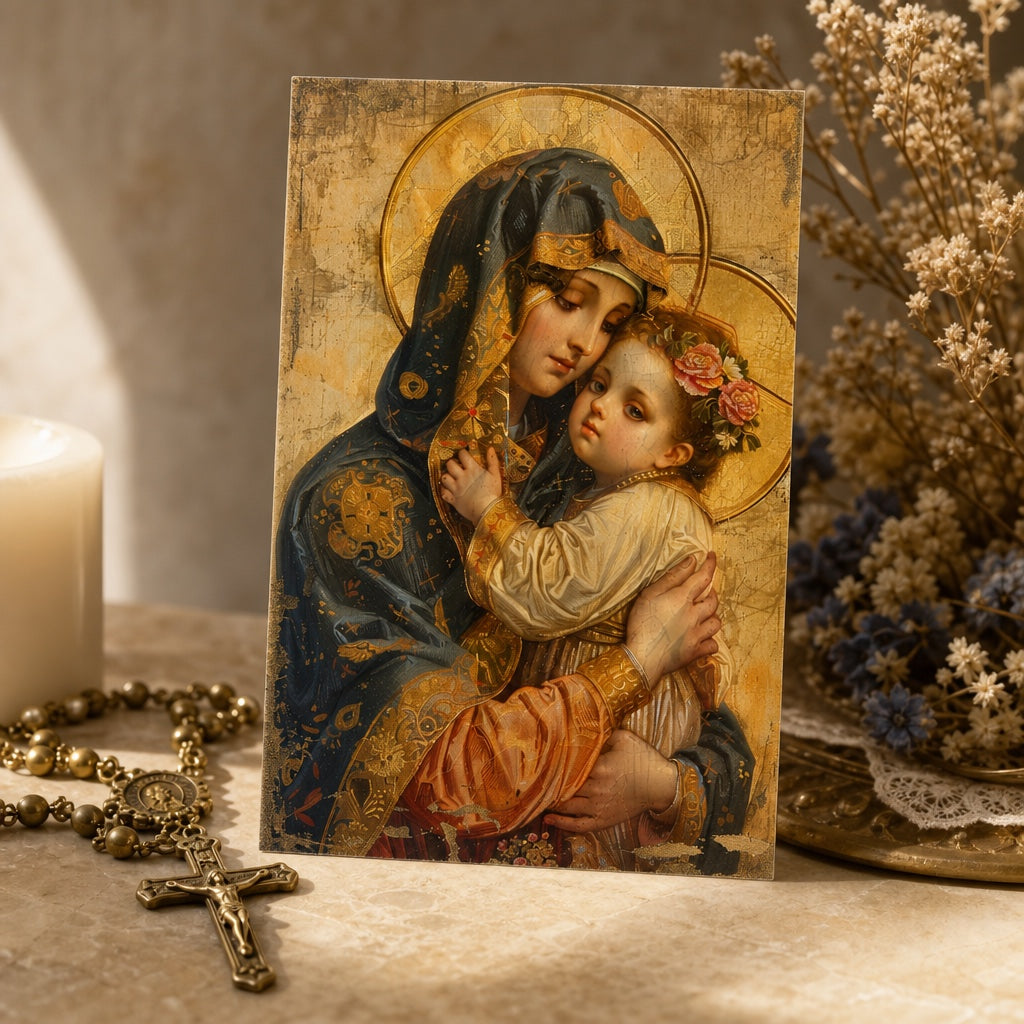 Our Lady of Mount Carmel vintage holy card with rosary and crucifix, Catholic devotional art print