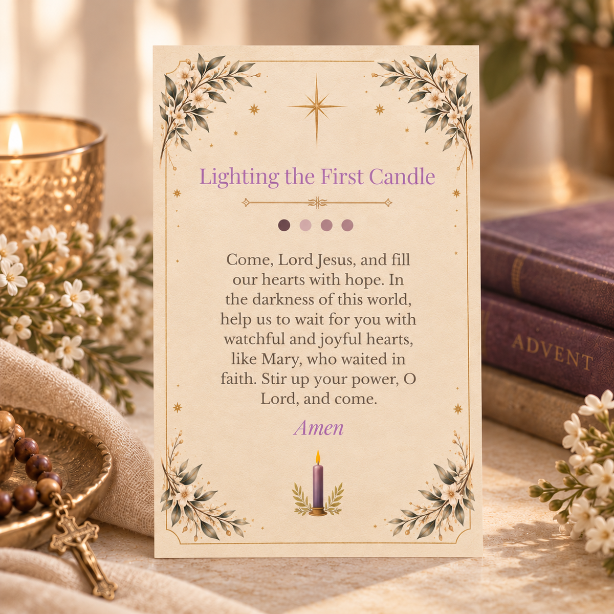 Back of the Advent prayer card with the prayer Lighting the First Candle and a purple candle