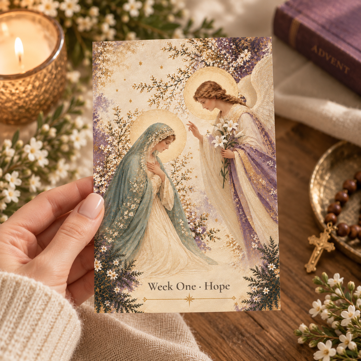 Hand holding a 4x6 Week One Hope Advent prayer card of the Annunciation by candlelight