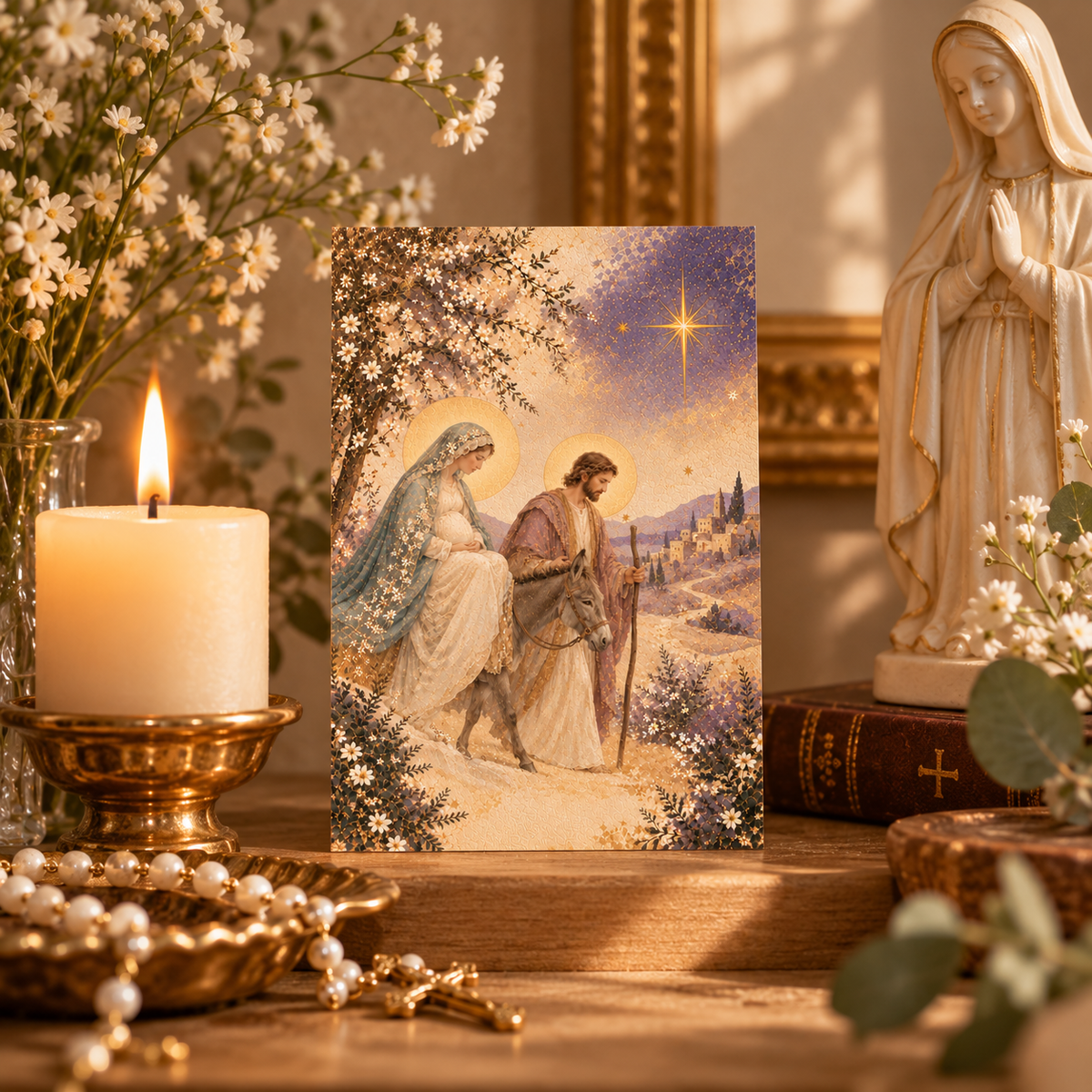 Journey to Bethlehem Advent prayer card on a home prayer table with a candle, pearl rosary and statue of Our Lady