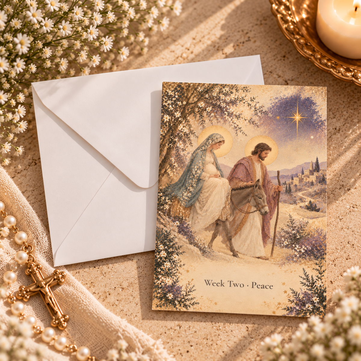 Week Two Peace Advent prayer card with a white envelope, pearl rosary and baby's breath