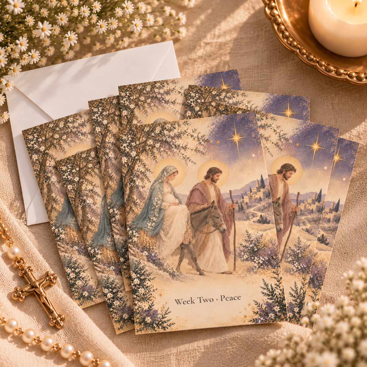 Set of Week Two Peace Advent prayer cards fanned out with an envelope and pearl rosary