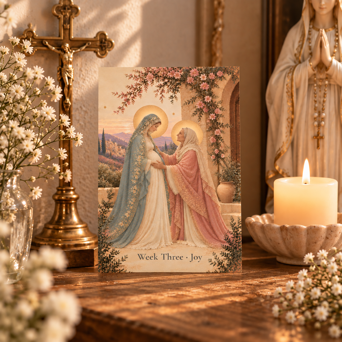 Visitation Advent prayer card on a home altar with a crucifix, candle and statue of Our Lady