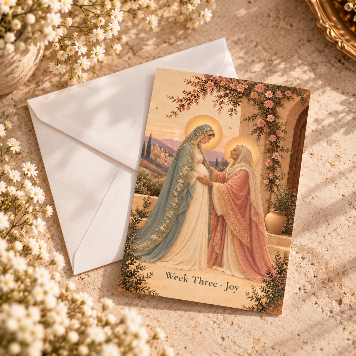 Week Three Joy Visitation prayer card with a white envelope and baby's breath