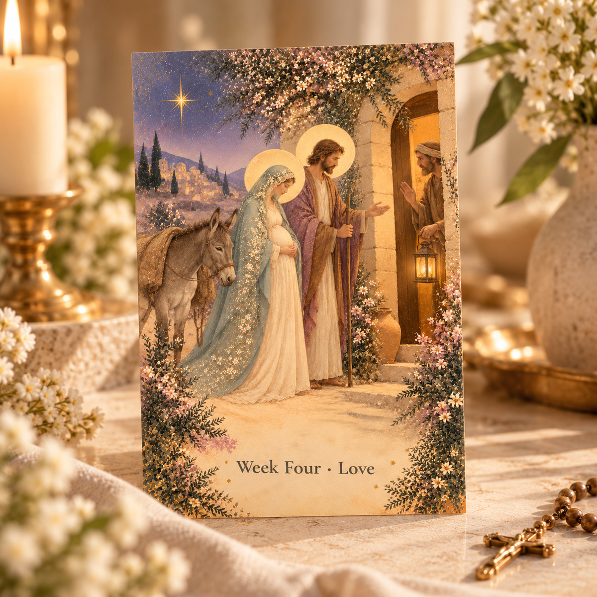 Advent prayer card Week Four Love: pregnant Mary in a pale blue lace veil and St. Joseph asking for room at a lantern-lit inn in Bethlehem, beside a candle, white flowers and a wooden rosary