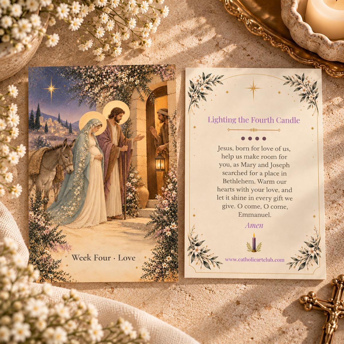 Front and back of the Week Four Love Advent card: Mary and Joseph at the inn and the prayer Lighting the Fourth Candle, with a gold crucifix
