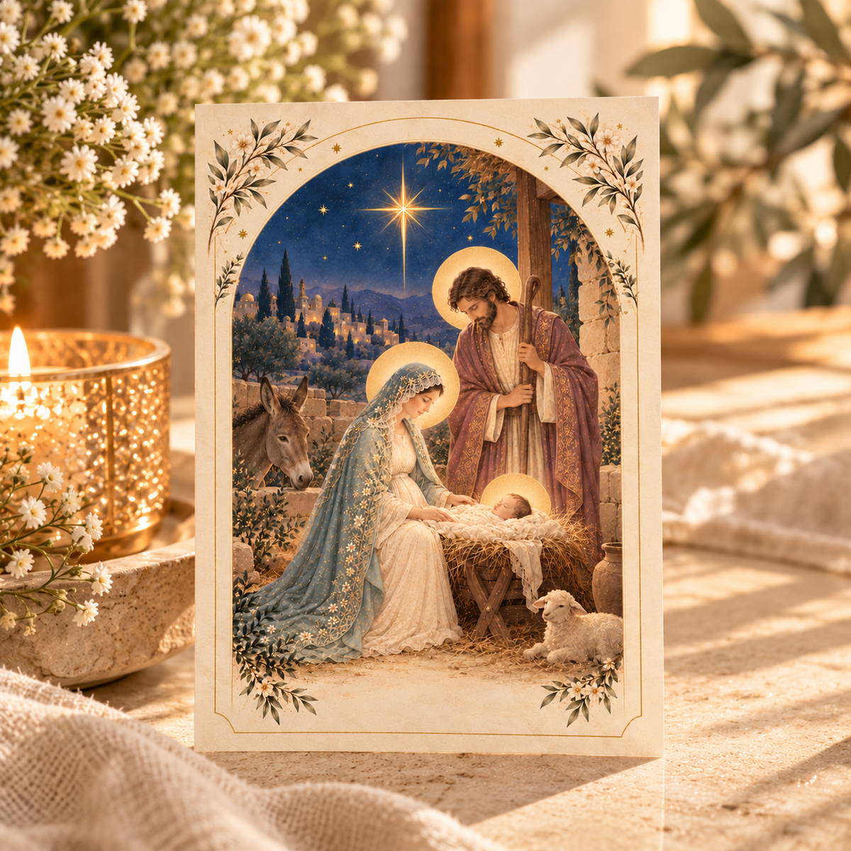 St. Andrew Christmas Novena prayer card: Mary in a pale blue lace veil kneeling at the manger with St. Joseph, a donkey and a lamb under the star of Bethlehem, in a cream arched frame beside a candle and white flowers