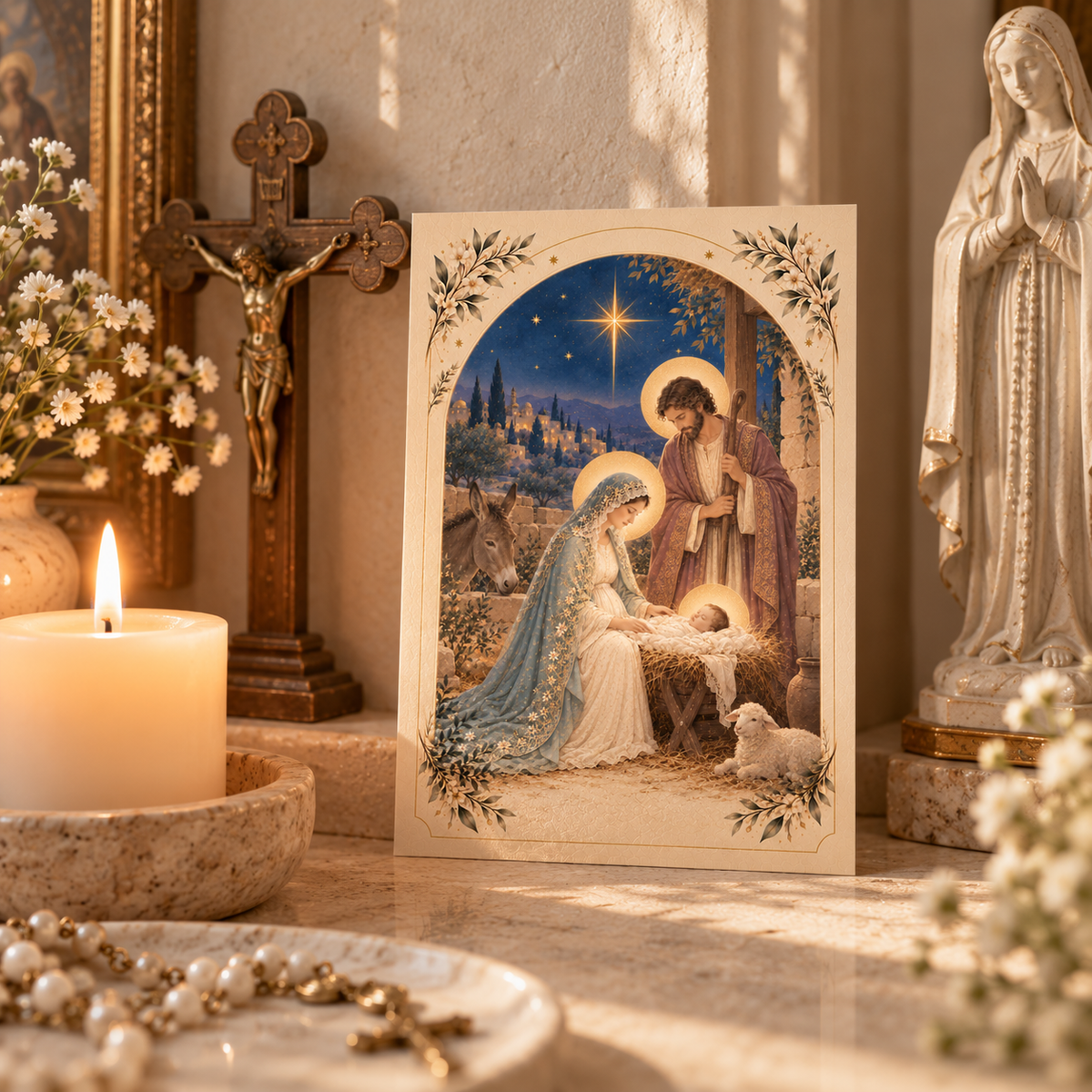 St. Andrew Novena Nativity prayer card on a home altar with a crucifix, candle, pearl rosary and statue of Our Lady