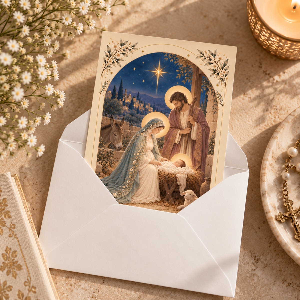Nativity St. Andrew Novena prayer card tucked into a white envelope beside a candle and pearl rosary
