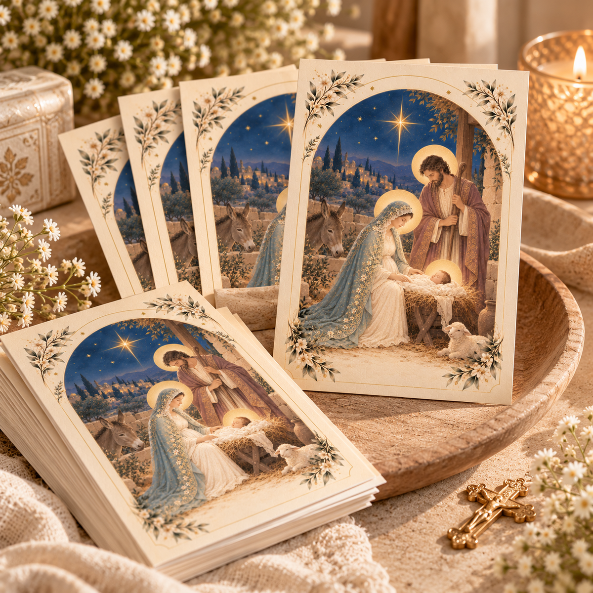 Set of St. Andrew Christmas Novena prayer cards of the Nativity fanned out in a wooden bowl with a gold crucifix
