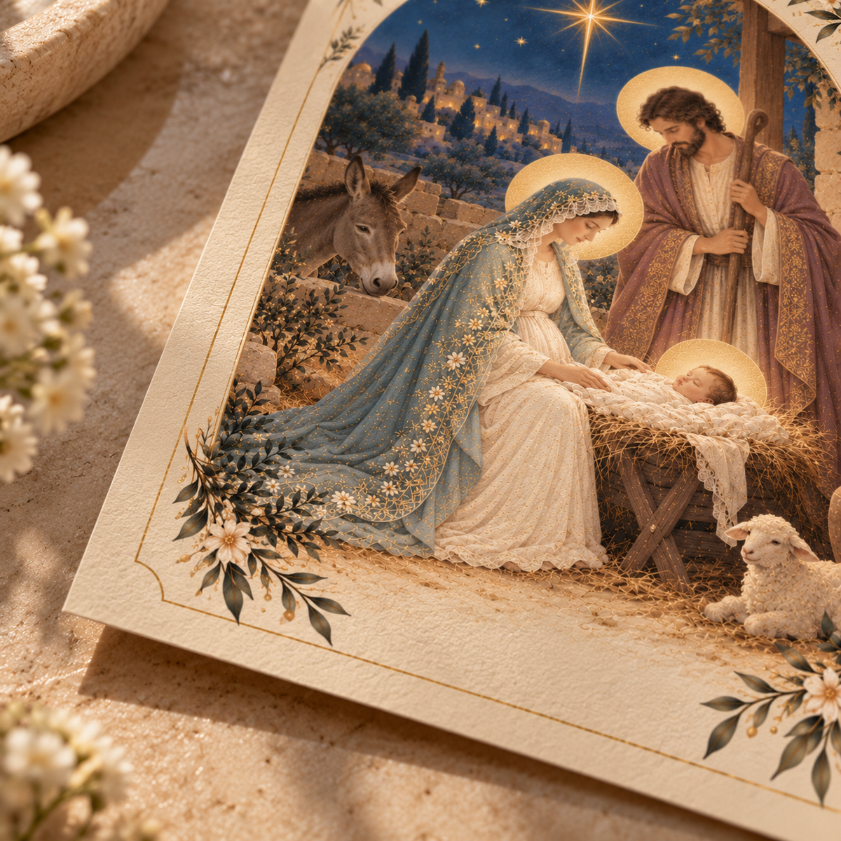 Close-up of the Nativity artwork: Mary in a blue lace veil tending the sleeping Christ Child in the manger, St. Joseph with his staff, a donkey and a lamb, in watercolor and gold