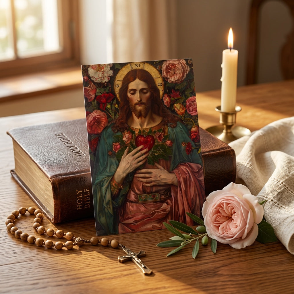 Sacred Heart of Jesus prayer card with rosary, Bible, and candle for devotion