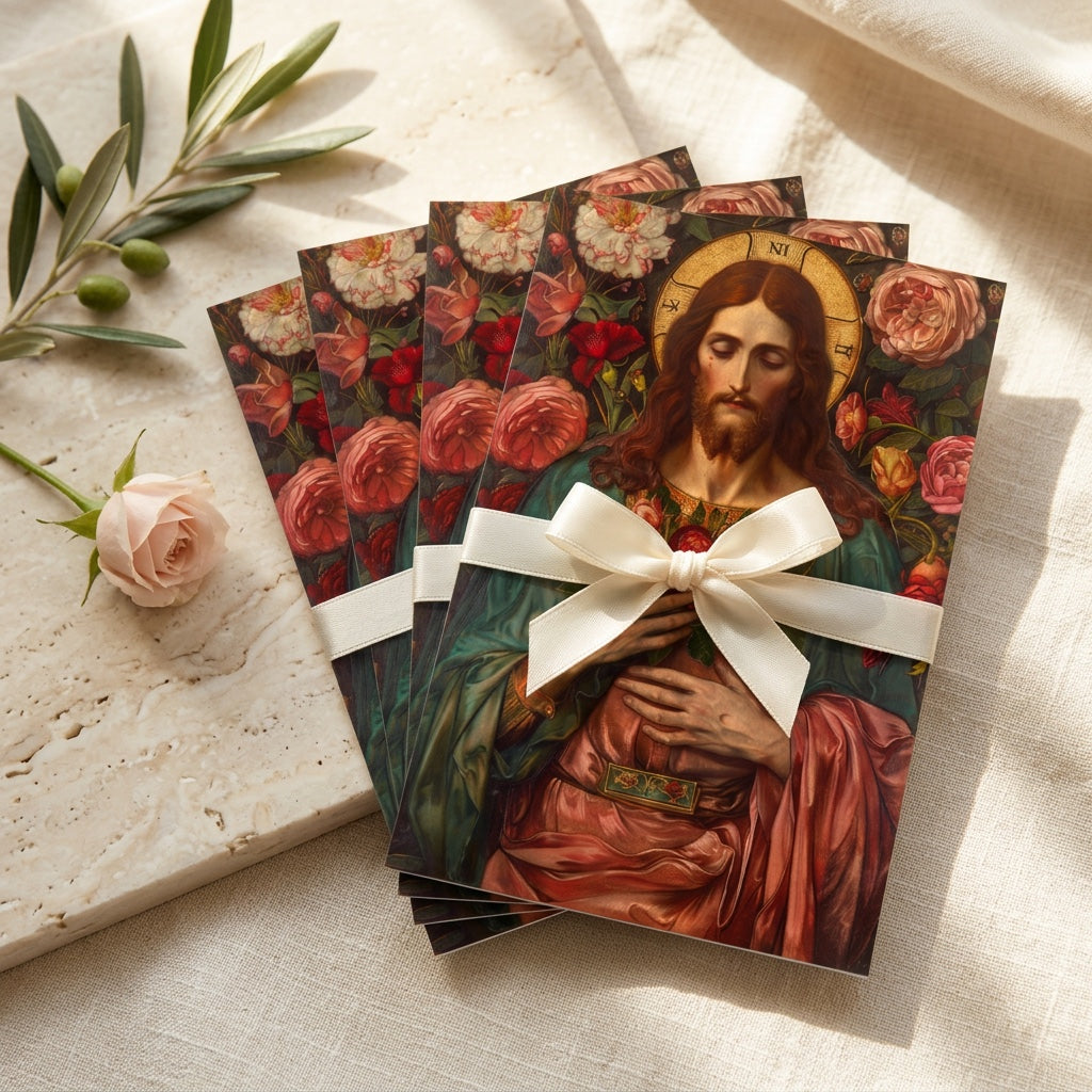 Bundle of Sacred Heart of Jesus prayer cards tied with ribbon among roses