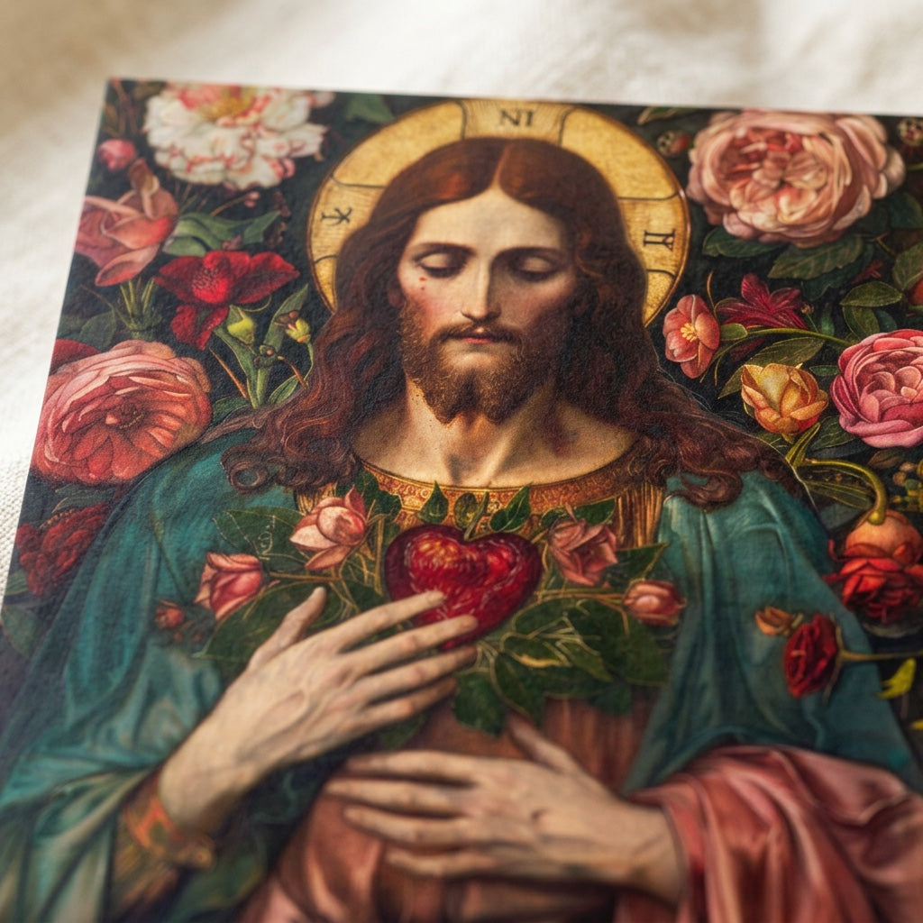 Close-up detail of Sacred Heart of Jesus artwork with roses on prayer card