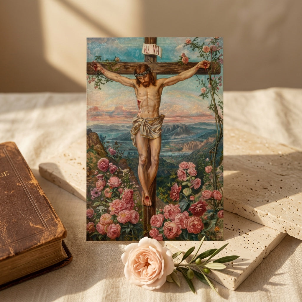 Crucifixion of Jesus Christ prayer card with roses and olive branch on linen