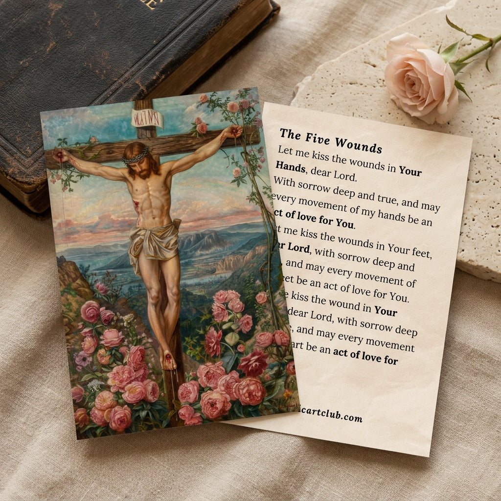 Crucifixion prayer card front and back with The Five Wounds prayer