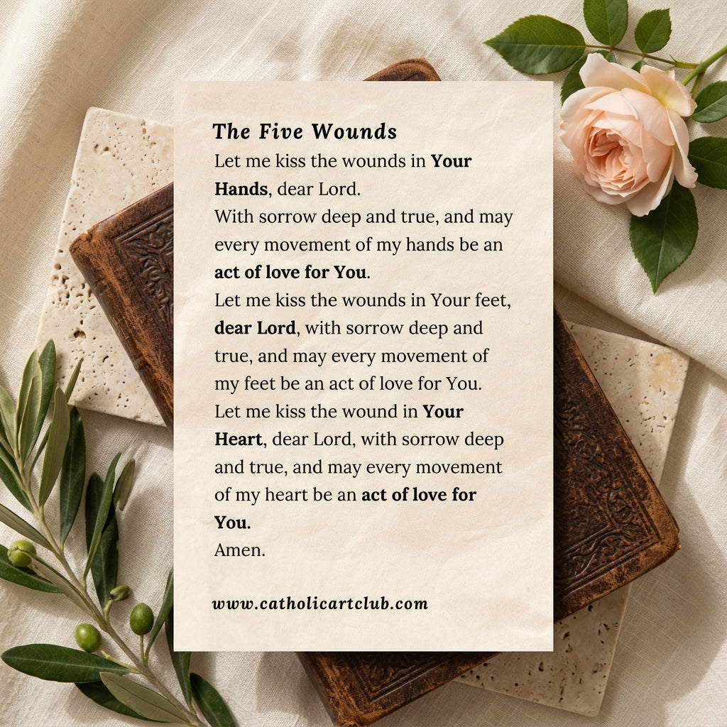 The Five Wounds prayer to Jesus Christ printed on cream card