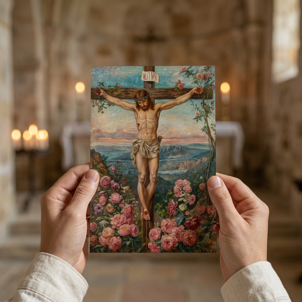 Hands holding Crucifixion prayer card inside a candlelit church
