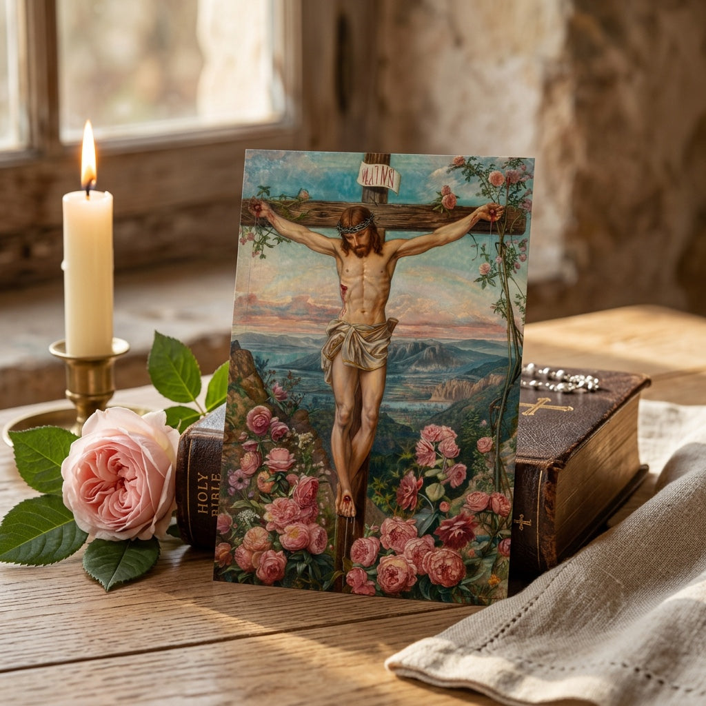 Crucifixion of Jesus prayer card with Bible, rosary, and candle for devotion