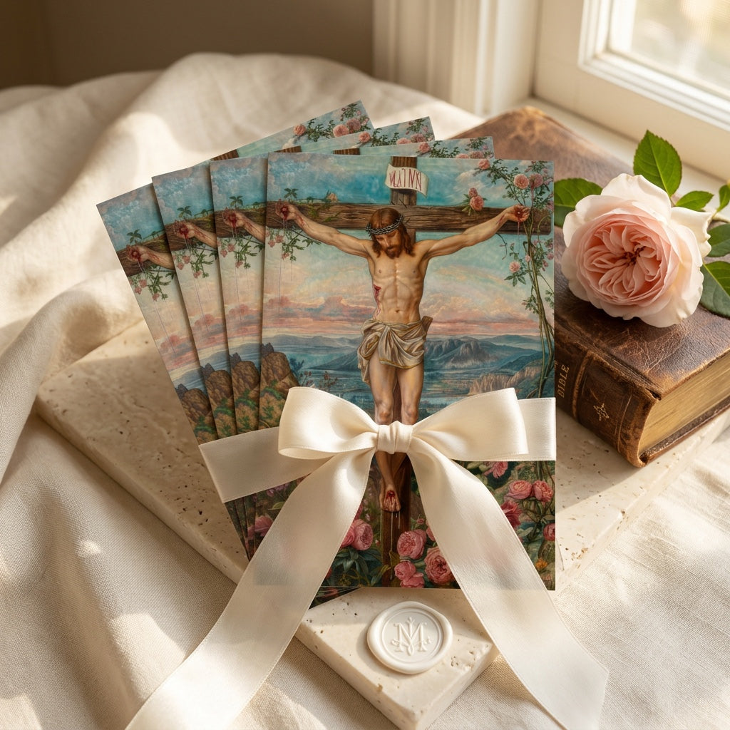 Bundle of Crucifixion prayer cards tied with ribbon among roses and wax seal