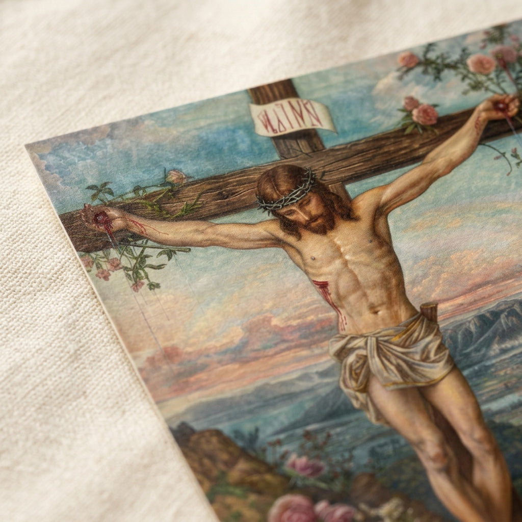 Close-up detail of the Crucifixion of Jesus Christ with crown of thorns and roses