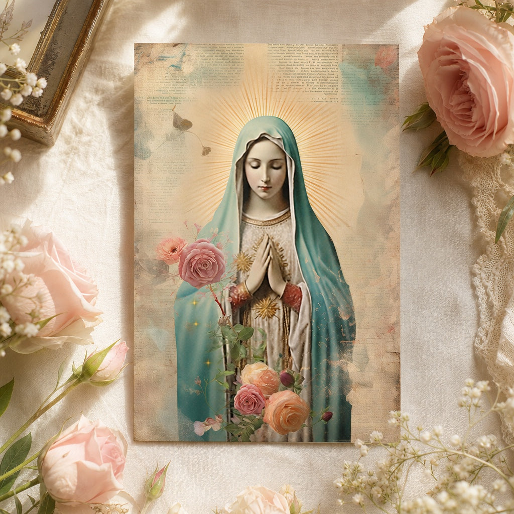 Our Lady of Fatima prayer card, vintage floral collage with roses on cream background