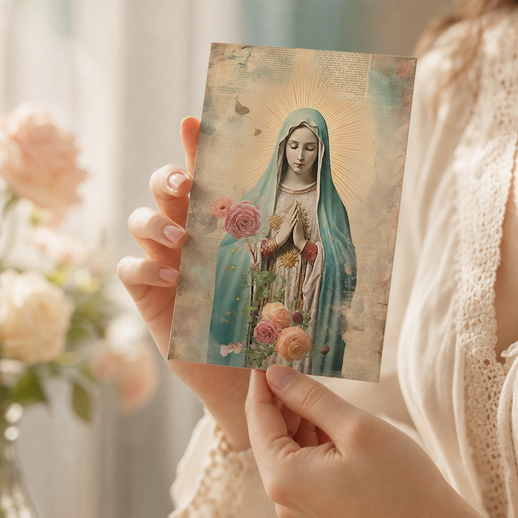 Woman holding Our Lady of Fatima prayer card, vintage floral holy card