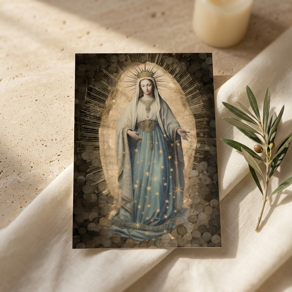 Our Lady of the Miraculous Medal prayer card on linen with candle and olive branch